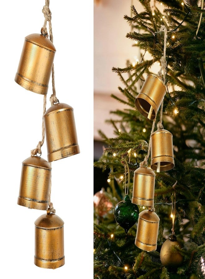 PUFFLD Christmas Bells, Vintage Christmas Cow Bells Decor, Set of 4 Large Rustic Gold Christmas Cowbells with Jute Hanging Rope for Home Door Knob Christmas Tree Garland Xmas Decorations - Image 1
